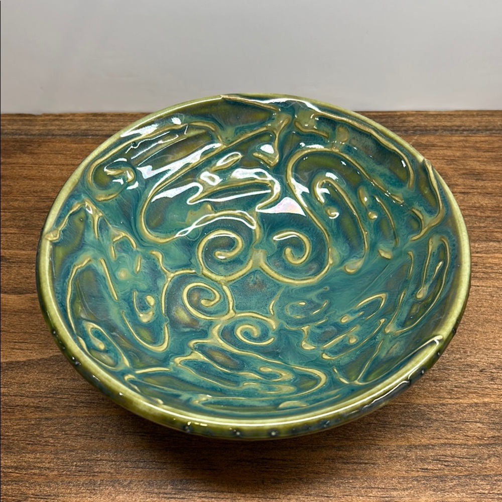 4/$20 Hand Crafted Ceramic Pottery Bowl With Green Swirl Design